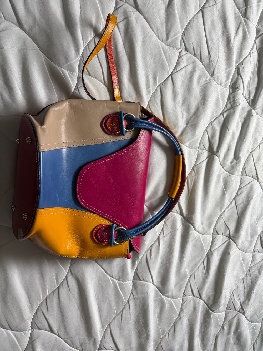Colorblock Leather Shoulder Bag in Pink, Blue, Yellow, Cream